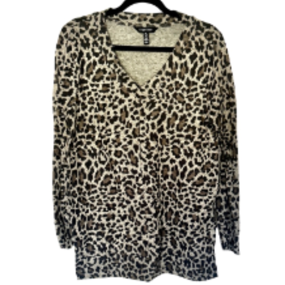 Ellen Tracy Gray and Black Animal Print V-Neck Top